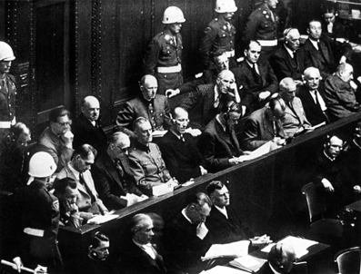 Scene during the Nuremberg trial (20 November 1945 - 1 October 1946), where the 24 most important Nazi leaders were tried by an International Military Tribunal. The accused: on the first row (from left to right): Goering, Hess, von Ribbentrop, Keitel, Kaltenbrunner, Rosenberg, Frank, Frick, Streicher, Funk. On the last row: Raeder, von Schirach, Sauckel, von Papen, Seyss-Inquart, von Neurath en Fritsche (Collection Ceges/Soma, N° 201130).