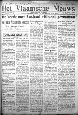 Voorpagina van het gecensureerde dagblad "Het Vlaamsche Nieuws", op 5 Maart 1918. (Cegesoma, collectie "The Belgian War Press")