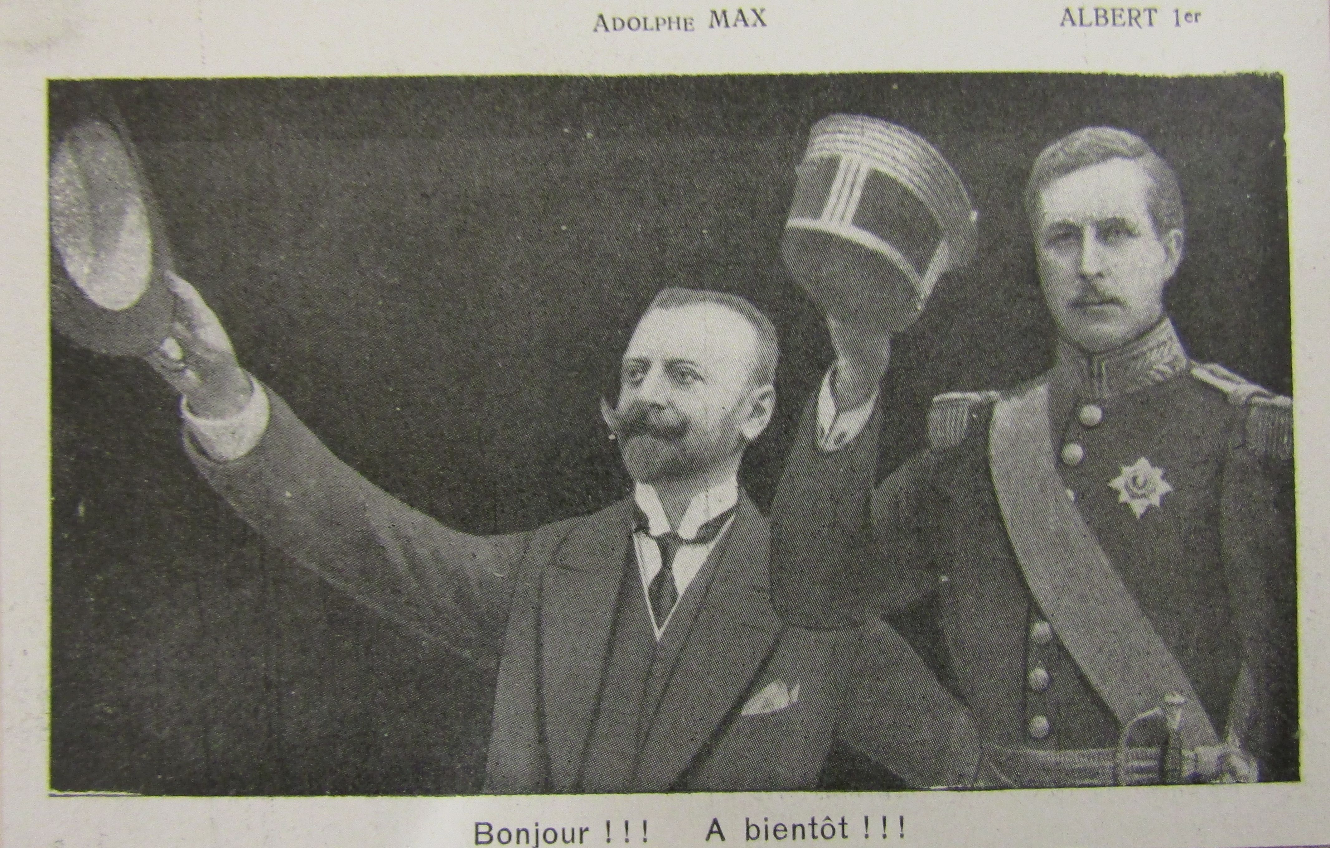 Carte postale annonçant le retour du Bourgmestre Adolphe Max et du Roi Albert à Bruxelles, 1918. Source : Archives de la Ville de Bruxelles.