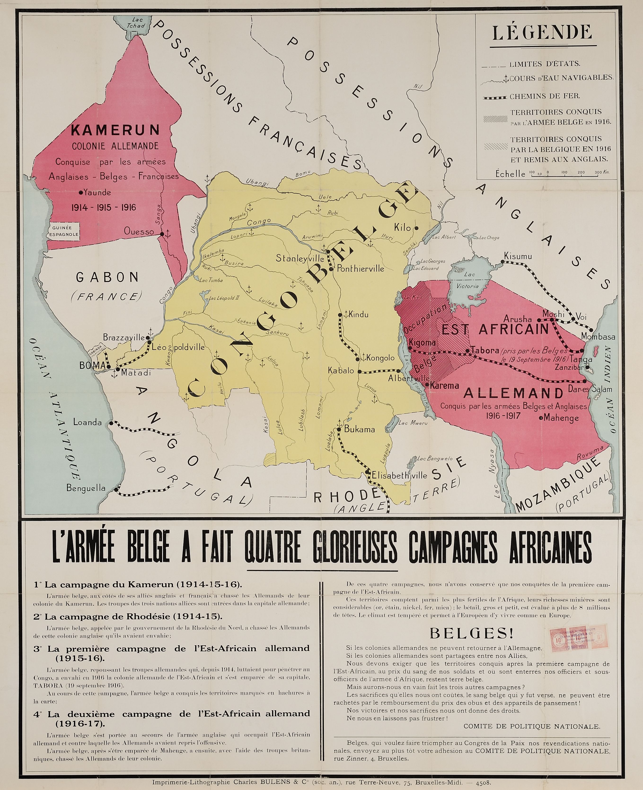 'The Belgian army has carried out four glorious African campaigns'. #CRLF#Brussels, Imprimerie-Lithographie Ch. Bullens & Cie, #CRLF#© Collection MRAC Tervuren, HO.1981.1.148. #CRLF#