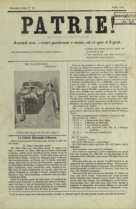 First page of the clandestine newspaper "Patrie!", n°14, July 1916. (Cegesoma, collection The Belgian War Press)