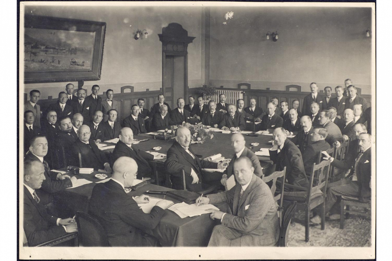 Negotiating Table of the Locarno Treaties. Ticino Italy France Switzerland Germany United Kingdom of Great Britain and Northern Ireland Belgium Locarno, 1925. [Place of Publication Not Identified: Publisher Not Identified, -10-05] Photograph. https://www.loc.gov/item/2021670573/.