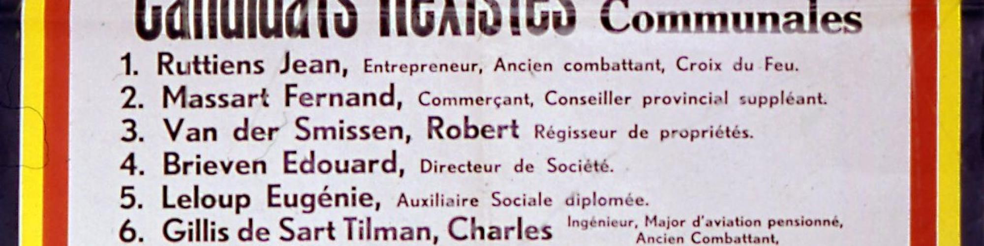 Candidats rexistes aux élections communales, Votez pour la liste n°3, Saint-Josse-Ten-Noode, 1930-1939, photo n° 274119, copyrights CegeSoma/Archives de l'Etat 