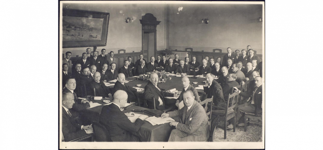 Negotiating Table of the Locarno Treaties. Ticino Italy France Switzerland Germany United Kingdom of Great Britain and Northern Ireland Belgium Locarno, 1925. [Place of Publication Not Identified: Publisher Not Identified, -10-05] Photograph. https://www.loc.gov/item/2021670573/.